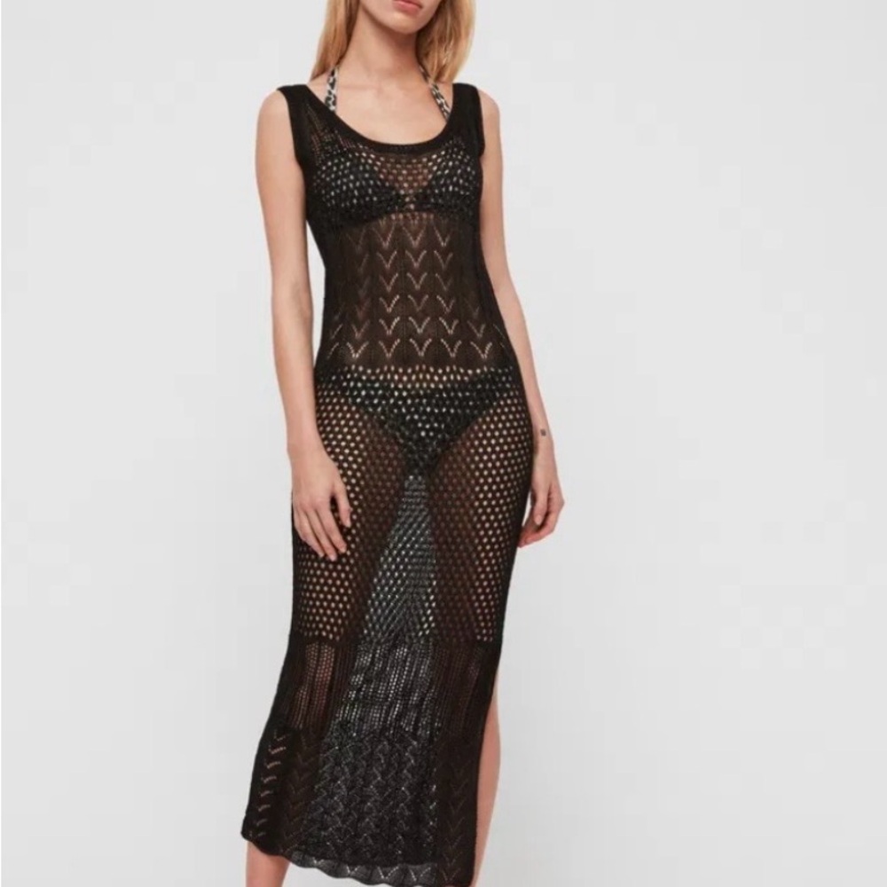 AllSaints Estero Crochet Mesh Maxi Dress Black Size Medium